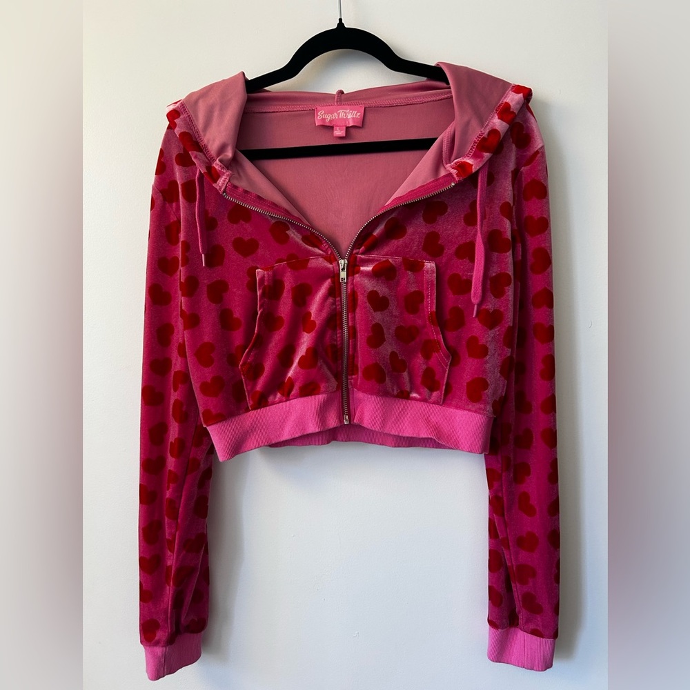 JENNIFER’S BODY Velour Pink Heart Cropped Zip Up Sweatshirt